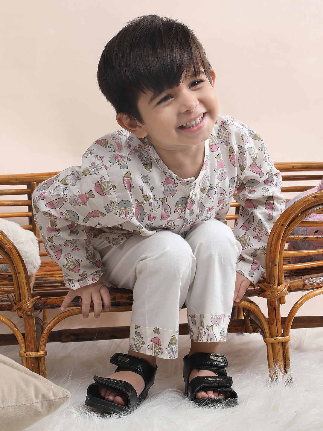 Polka Tots Fish print Full sleeves Nightwear Kurta pyjama set - Pink