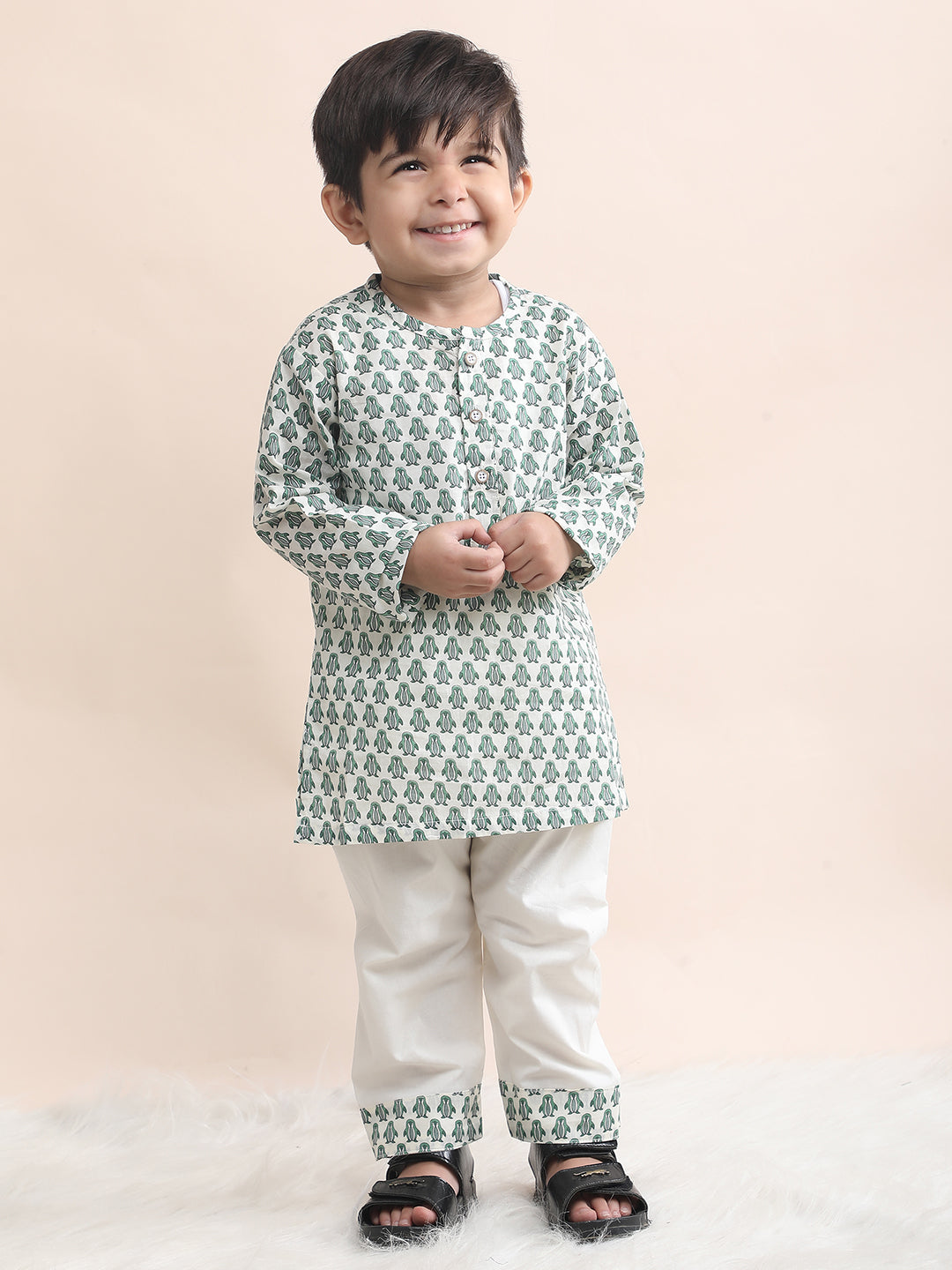Polka Tots Penguin print Full sleeves Nightwear Kurta pyjama set - Green
