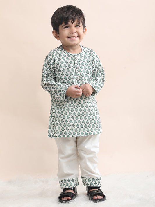 Polka Tots Penguin print Full sleeves Nightwear Kurta pyjama set - Green