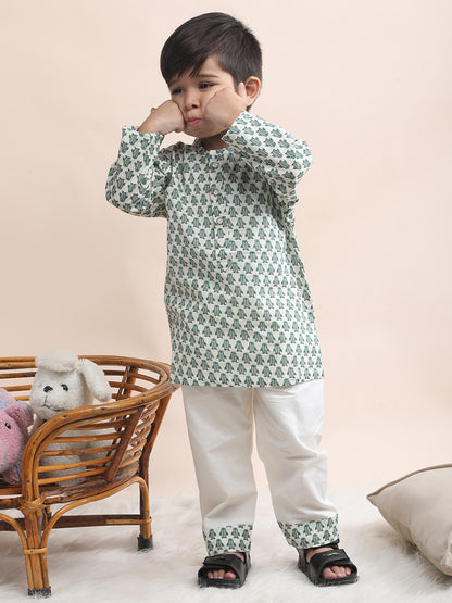 Polka Tots Penguin print Full sleeves Nightwear Kurta pyjama set - Green