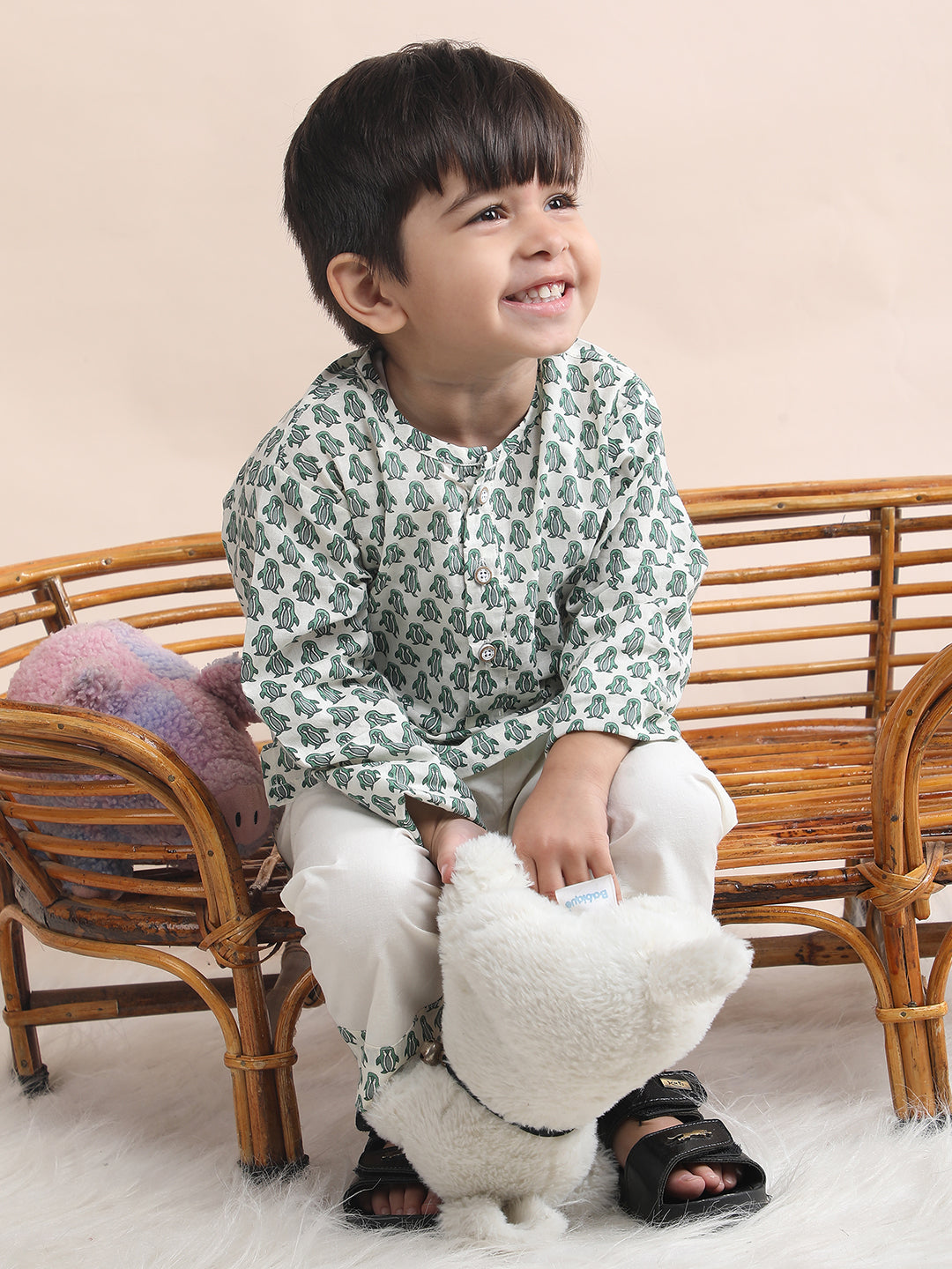 Polka Tots Penguin print Full sleeves Nightwear Kurta pyjama set - Green