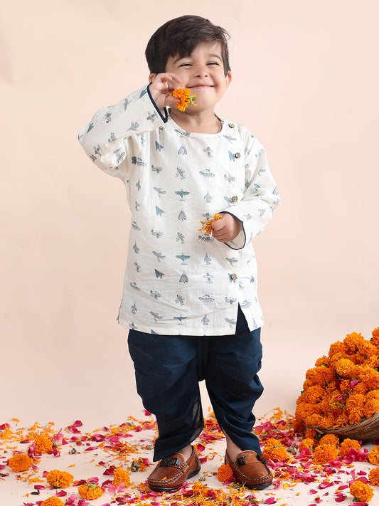 Polka Tots Cotton Full Sleeve Airplane Print Angrakha Top With Dhoti - Navy