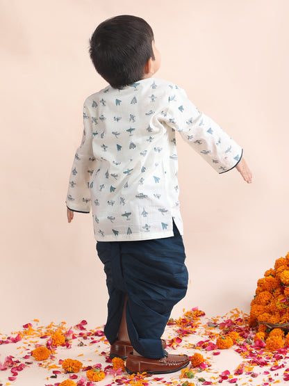 Polka Tots Cotton Full Sleeve Airplane Print Angrakha Top With Dhoti - Navy