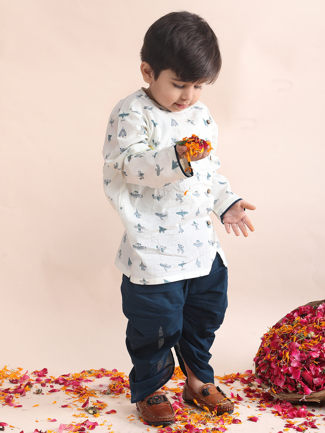 Polka Tots Cotton Full Sleeve Airplane Print Angrakha Top With Dhoti - Navy