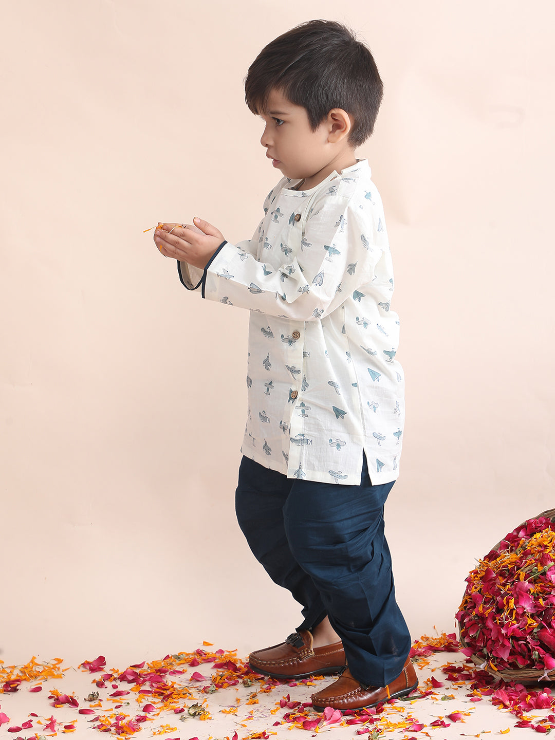 Polka Tots Cotton Full Sleeve Airplane Print Angrakha Top With Dhoti - Navy