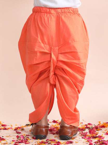 Polka Tots Cotton Full Sleeve Lotus Print Angrakha Top With Dhoti - Orange