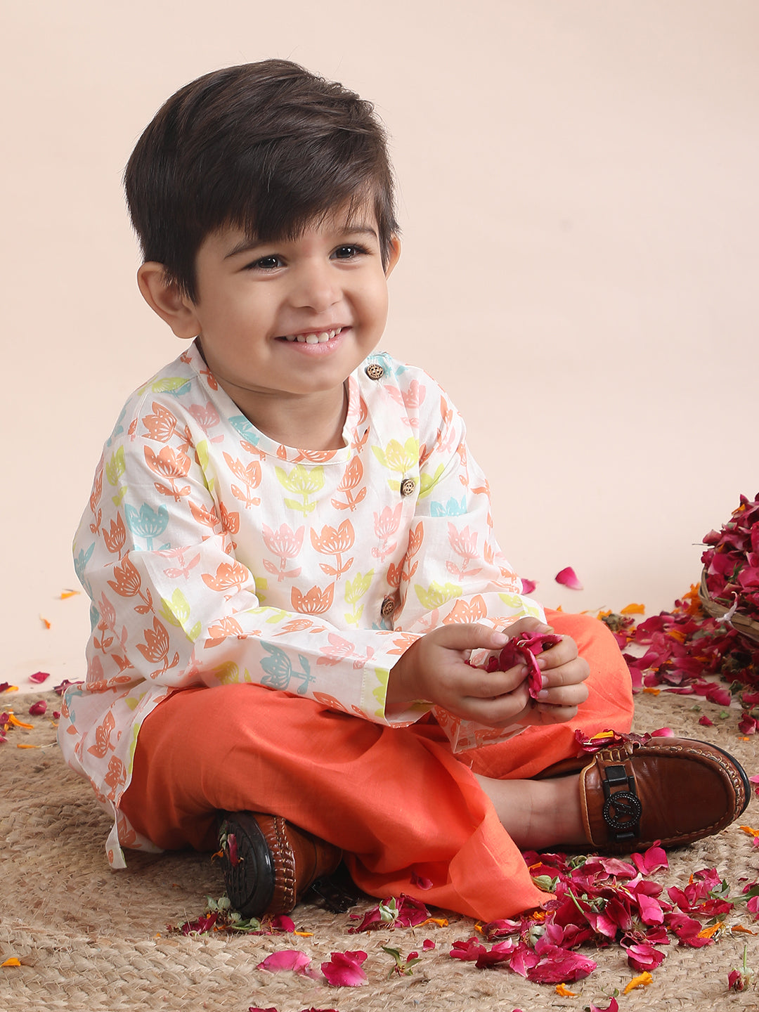 Polka Tots Cotton Full Sleeve Lotus Print Angrakha Top With Dhoti - Orange