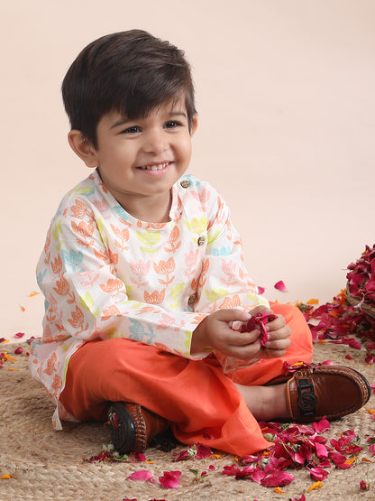 Polka Tots Cotton Full Sleeve Lotus Print Angrakha Top With Dhoti - Orange