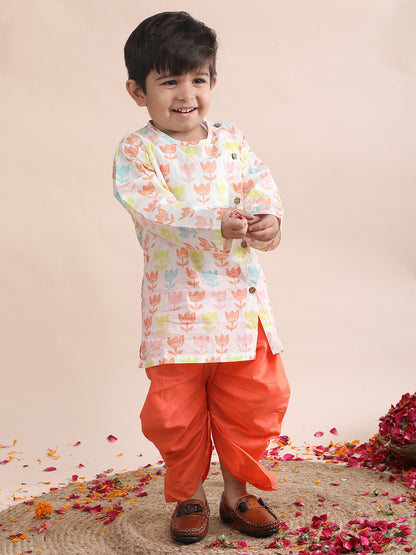 Polka Tots Cotton Full Sleeve Lotus Print Angrakha Top With Dhoti - Orange