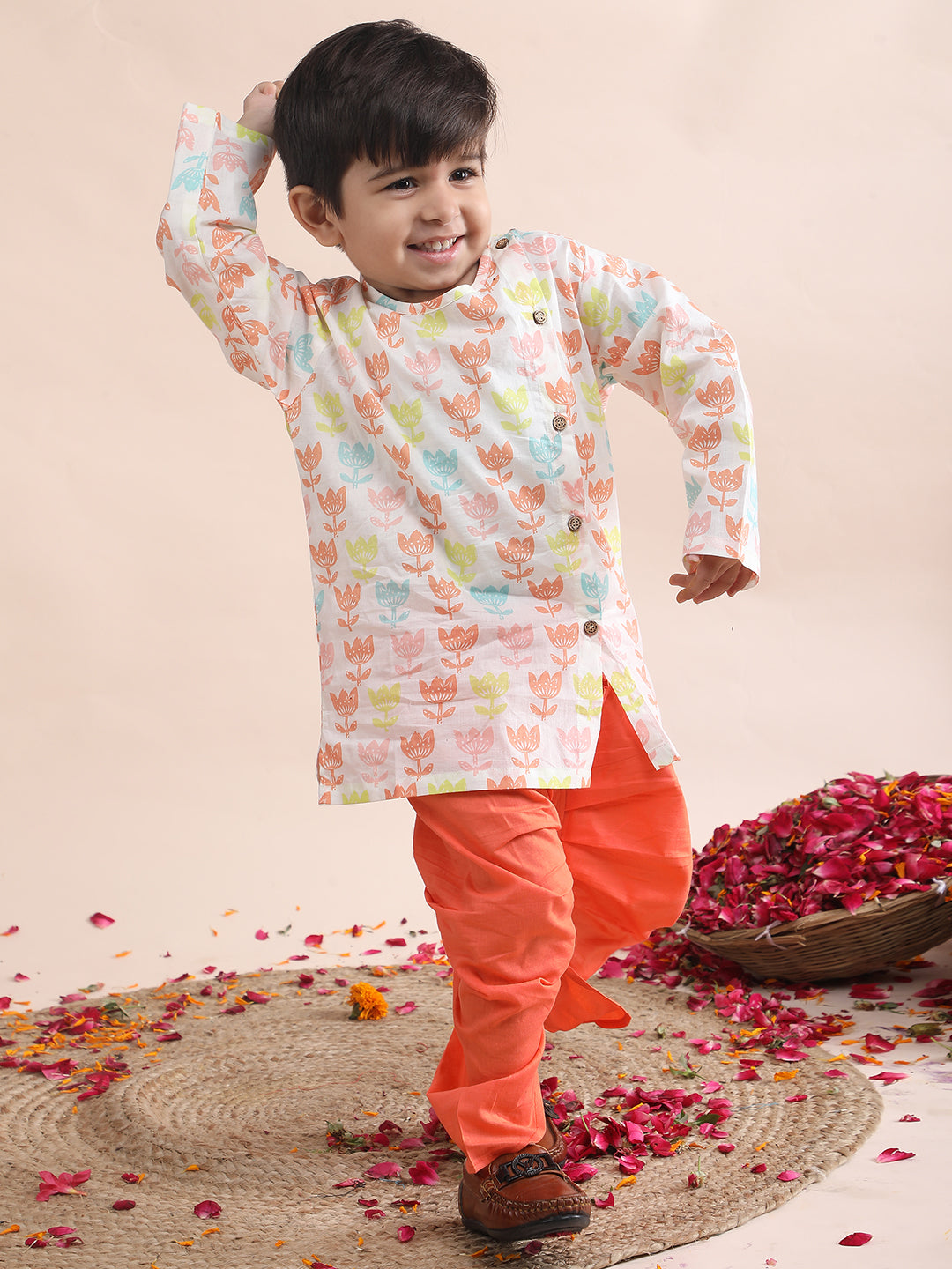 Polka Tots Cotton Full Sleeve Lotus Print Angrakha Top With Dhoti - Orange