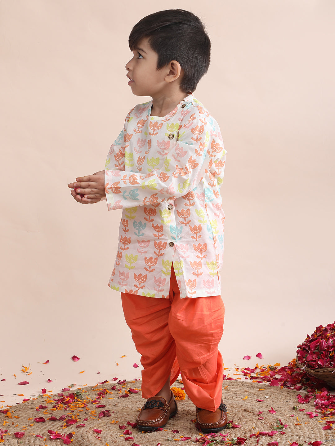 Polka Tots Cotton Full Sleeve Lotus Print Angrakha Top With Dhoti - Orange