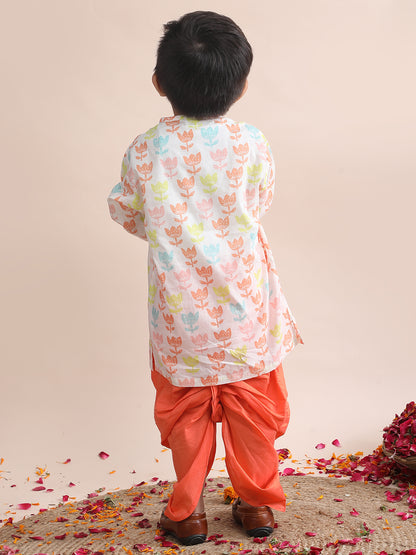 Polka Tots Cotton Full Sleeve Lotus Print Angrakha Top With Dhoti - Orange