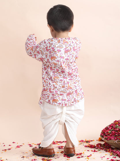 Polka Tots Cotton Full Sleeve Jungle Safari Print Angrakha Top With Dhoti - Pink