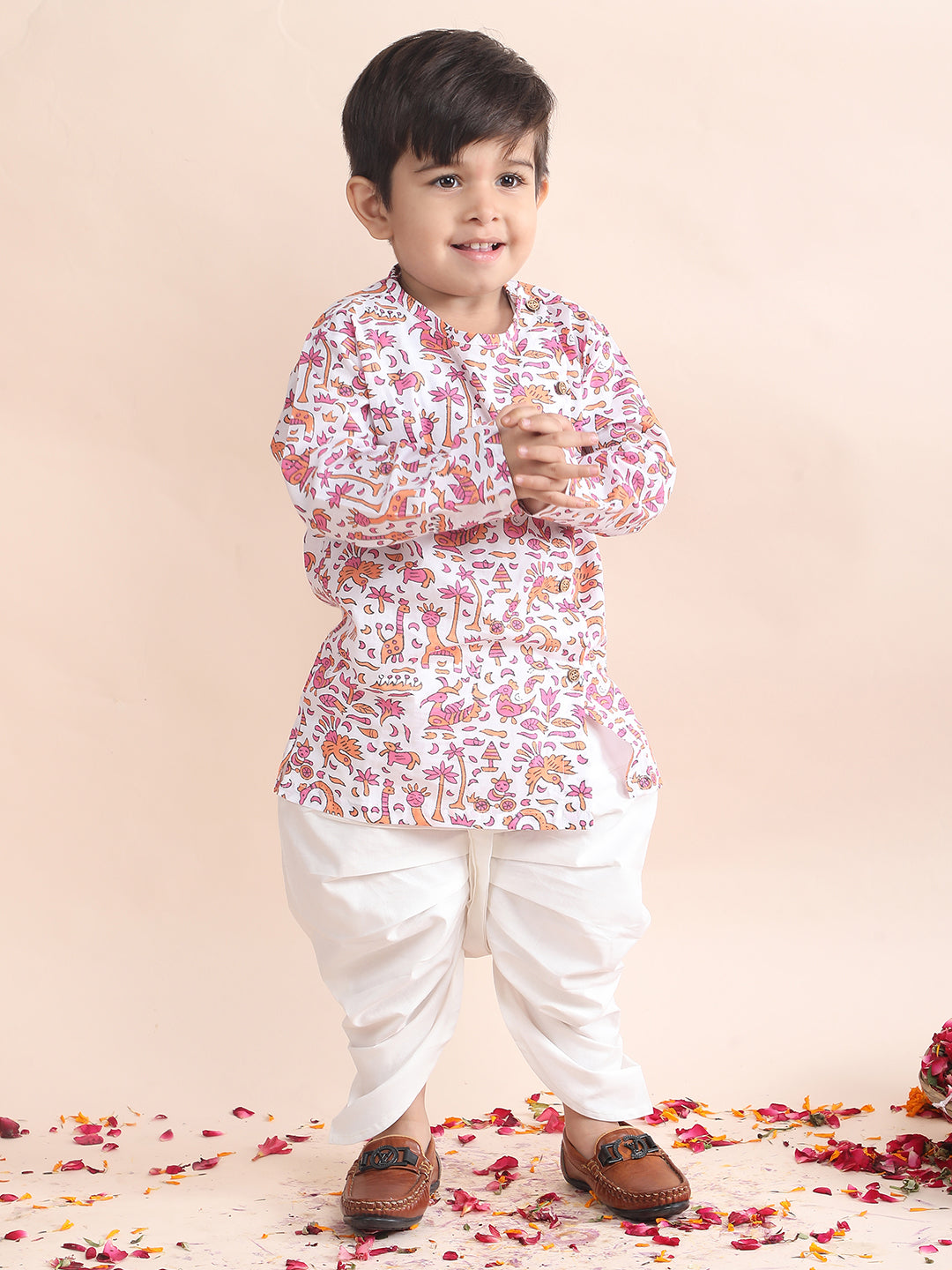 Polka Tots Cotton Full Sleeve Jungle Safari Print Angrakha Top With Dhoti - Pink