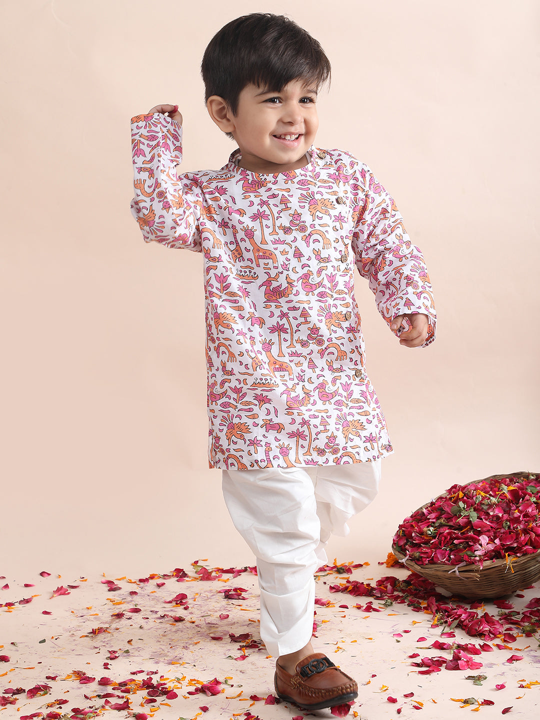 Polka Tots Cotton Full Sleeve Jungle Safari Print Angrakha Top With Dhoti - Pink