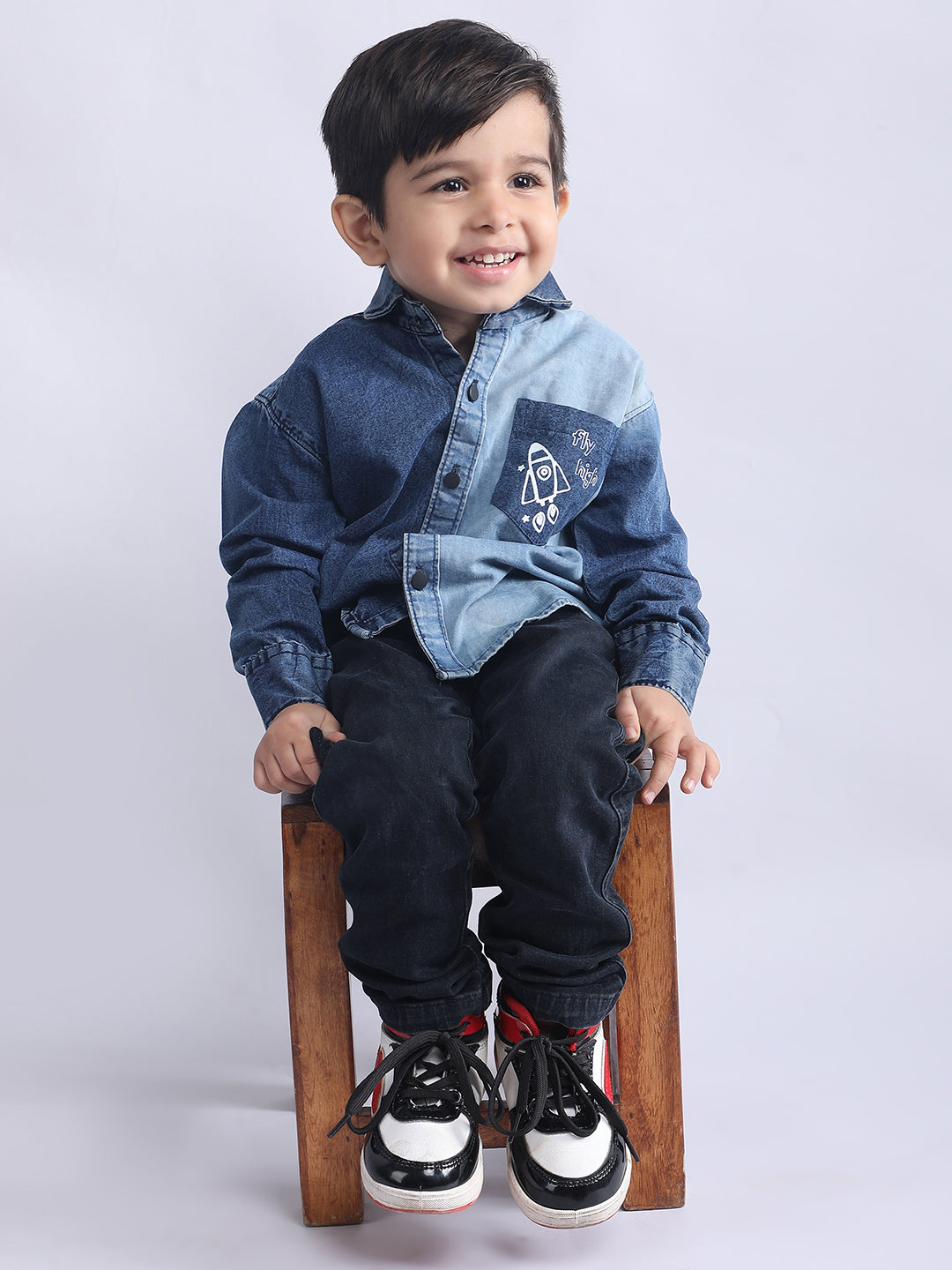 Polka Tots Fly High print Full Sleeves Denim Shirt - Blue