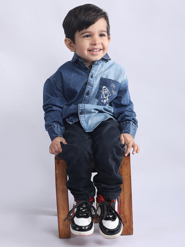 Polka Tots Fly High print Full Sleeves Denim Shirt - Blue