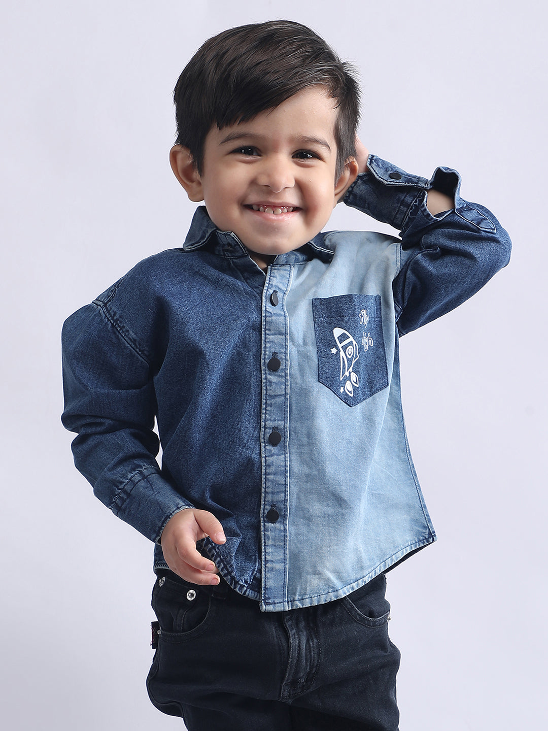 Polka Tots Fly High print Full Sleeves Denim Shirt - Blue