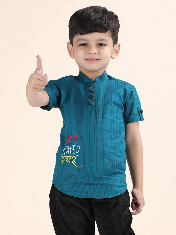 Polka Tots Half Sleeve Striped Kurta with Hindi Graphic - Teal Blue