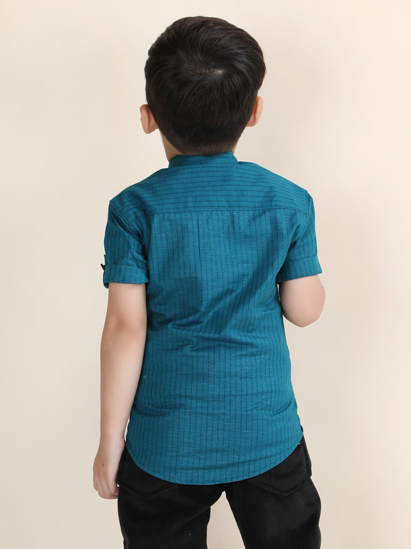 Polka Tots Half Sleeve Striped Kurta with Hindi Graphic - Teal Blue