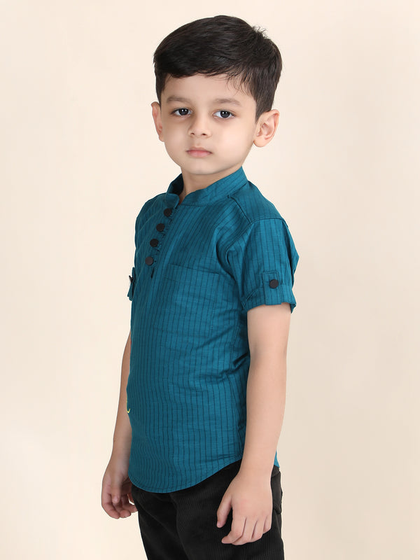 Polka Tots Half Sleeve Striped Kurta with Hindi Graphic - Teal Blue