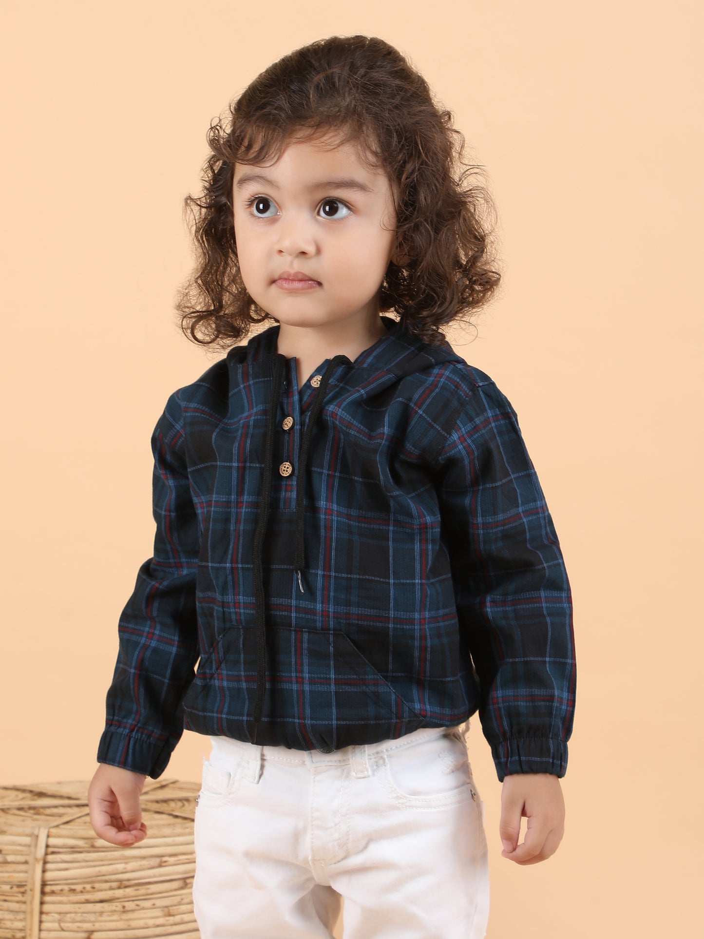 Polka Tots Full Sleeves Checks print Hooded Shirt - Dark Blue