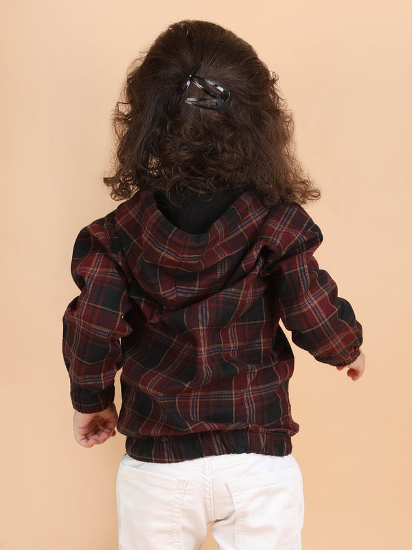 Polka Tots Full Sleeves Checks print Hooded Shirt - Red