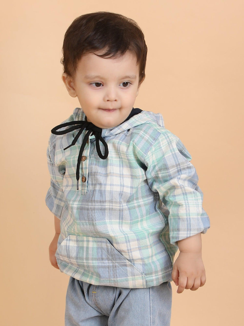 Polka Tots Full Sleeves Checks print Hooded Shirt - Green