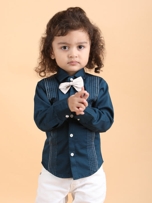 Polka Tots Full sleeves Lining shirt with Bow - Navy Blue