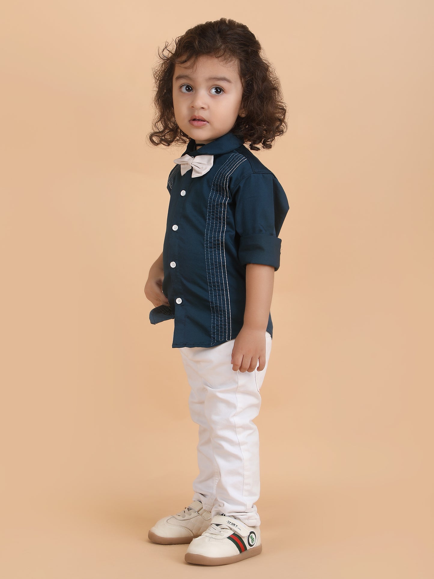 Polka Tots Full sleeves Lining shirt with Bow - Navy Blue
