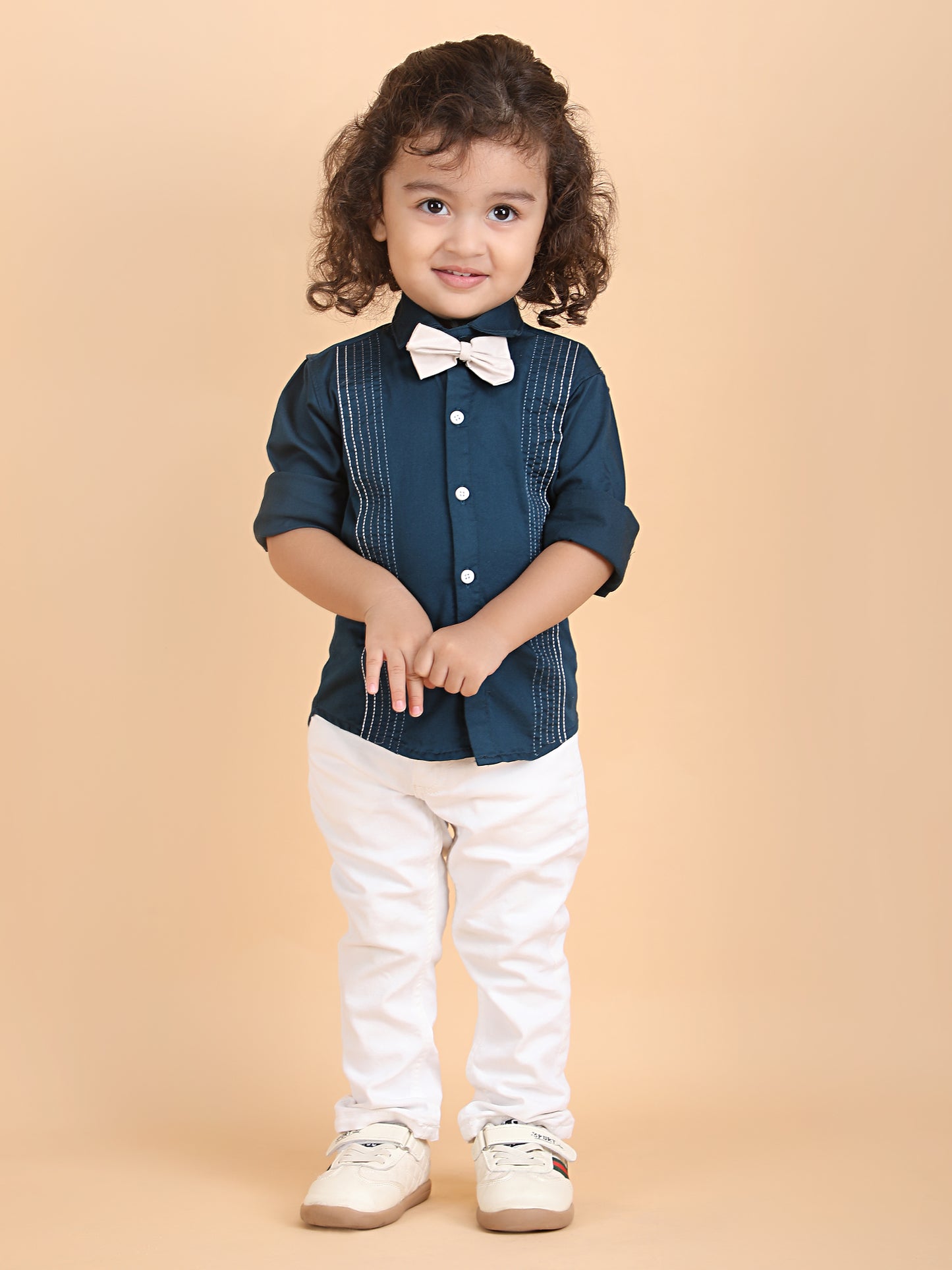 Polka Tots Full sleeves Lining shirt with Bow - Navy Blue