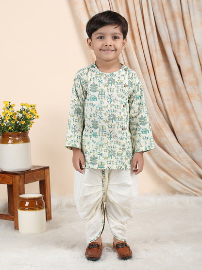 Polka Tots Cotton Full Sleeve Village Print Angrakha Top With Dhoti - Cream