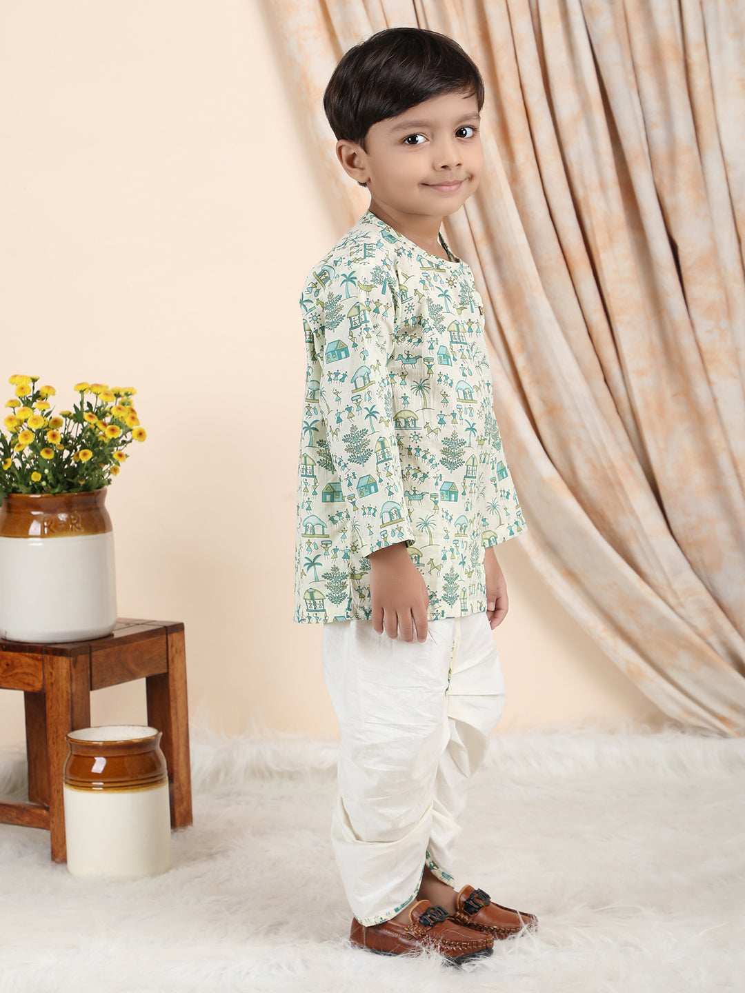 Polka Tots Cotton Full Sleeve Village Print Angrakha Top With Dhoti - Cream