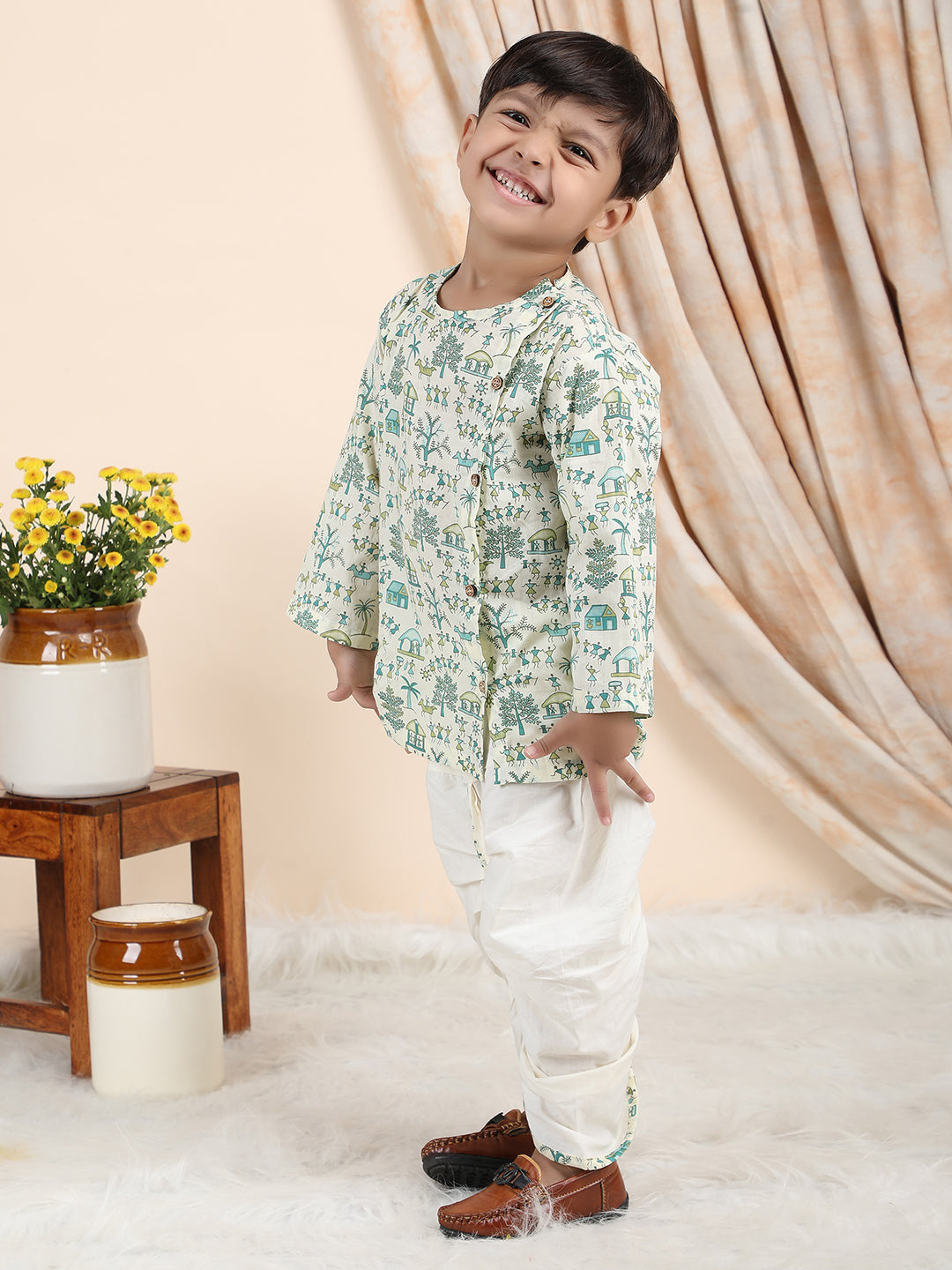 Polka Tots Cotton Full Sleeve Village Print Angrakha Top With Dhoti - Cream