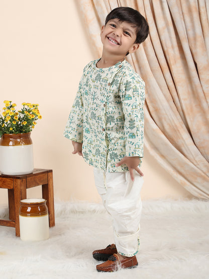 Polka Tots Cotton Full Sleeve Village Print Angrakha Top With Dhoti - Cream