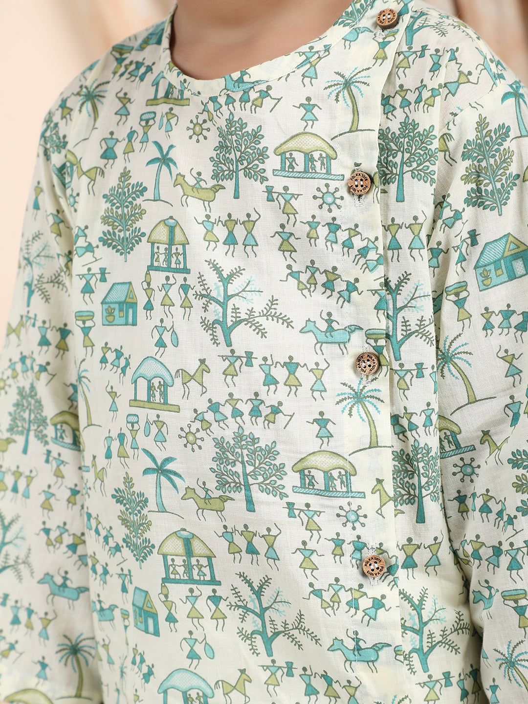 Polka Tots Cotton Full Sleeve Village Print Angrakha Top With Dhoti - Cream