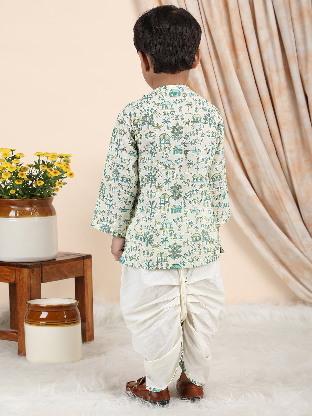 Polka Tots Cotton Full Sleeve Village Print Angrakha Top With Dhoti - Cream