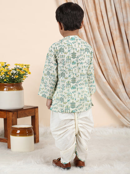 Polka Tots Cotton Full Sleeve Village Print Angrakha Top With Dhoti - Cream