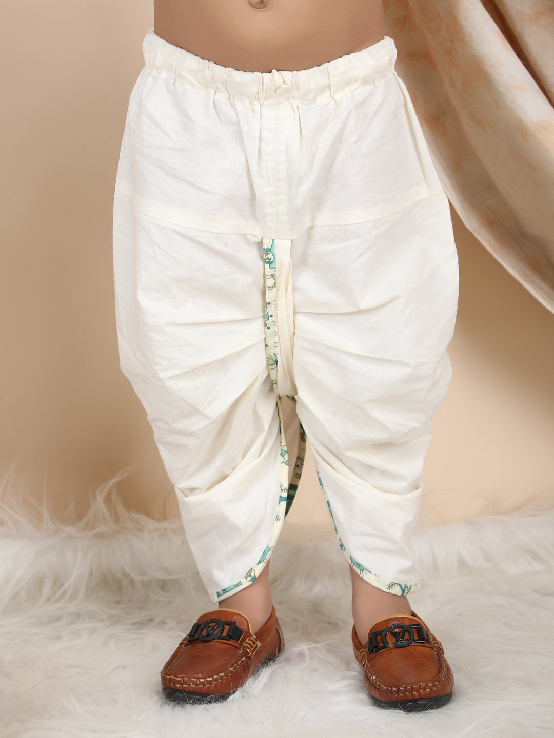 Polka Tots Cotton Full Sleeve Village Print Angrakha Top With Dhoti - Cream