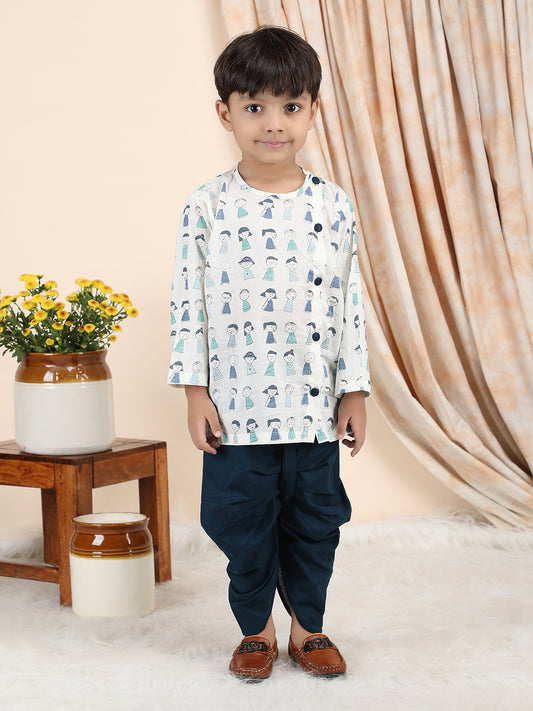 Polka Tots Cotton Full Sleeve Cartoon Print Angrakha Top With Dhoti - Navy