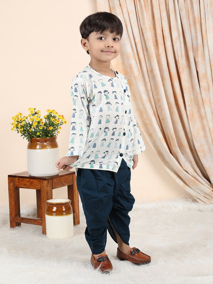 Polka Tots Cotton Full Sleeve Cartoon Print Angrakha Top With Dhoti - Navy