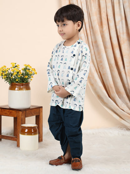 Polka Tots Cotton Full Sleeve Cartoon Print Angrakha Top With Dhoti - Navy