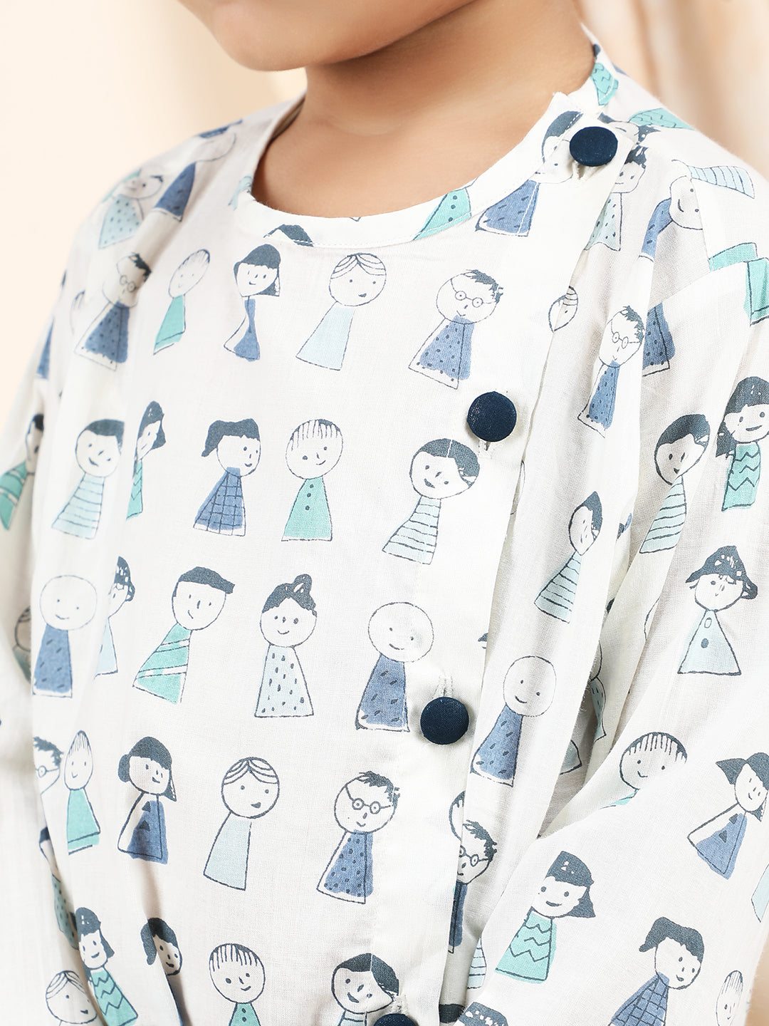 Polka Tots Cotton Full Sleeve Cartoon Print Angrakha Top With Dhoti - Navy