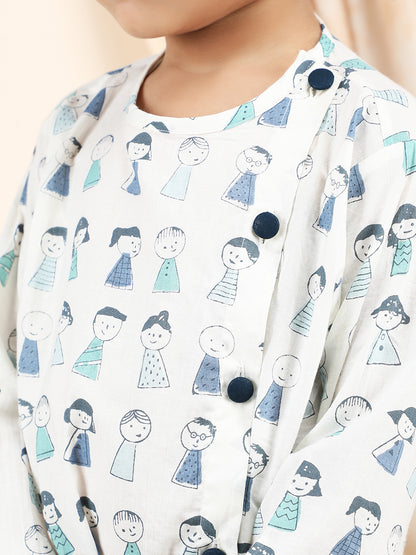 Polka Tots Cotton Full Sleeve Cartoon Print Angrakha Top With Dhoti - Navy