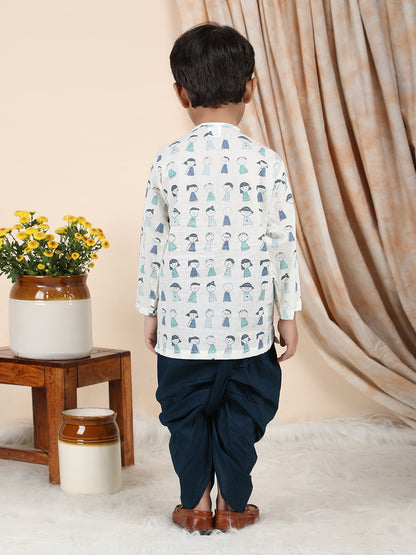 Polka Tots Cotton Full Sleeve Cartoon Print Angrakha Top With Dhoti - Navy