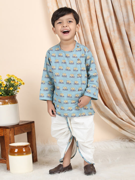 Polka Tots Cotton Full Sleeve Auto Rickshaw Angrakha Top With Dhoti - Blue