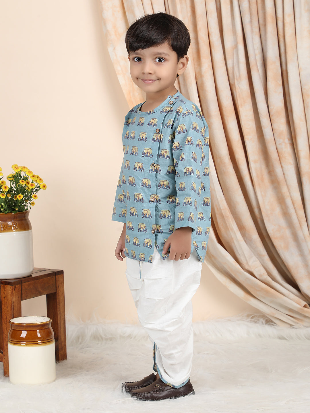 Polka Tots Cotton Full Sleeve Auto Rickshaw Angrakha Top With Dhoti - Blue