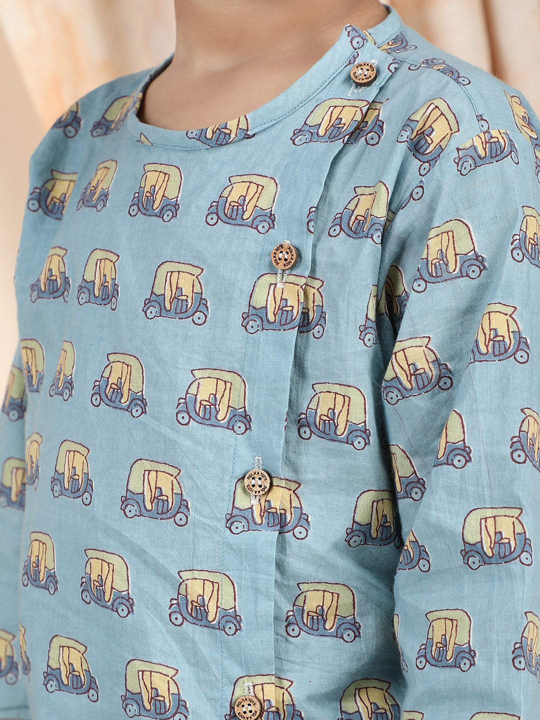 Polka Tots Cotton Full Sleeve Auto Rickshaw Angrakha Top With Dhoti - Blue