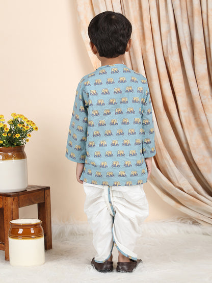 Polka Tots Cotton Full Sleeve Auto Rickshaw Angrakha Top With Dhoti - Blue