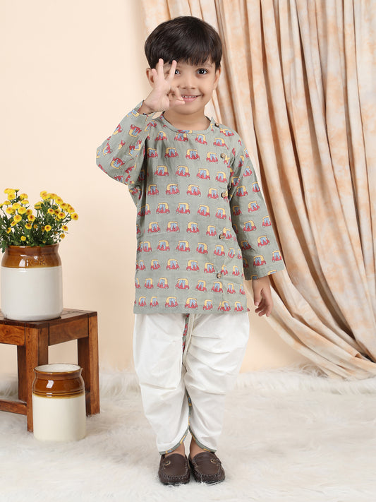 Polka Tots Cotton Full Sleeve Auto Rickshaw Angrakha Top With Dhoti - Green